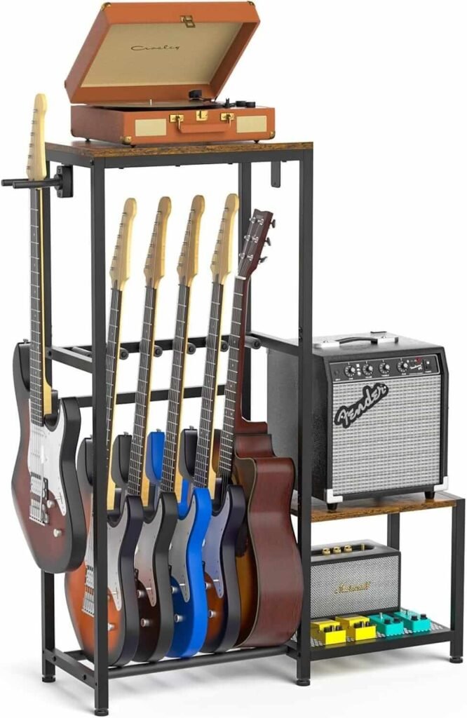 Guitar Stand, Guitar Rack Holder with Vinyl Record Player Storage, Multiple Guitar Display Stand for 4-6 Acoustic, Electric Guitar, Bass etc. Adjustable Guitar Amplifier Stand for Music Room Studio