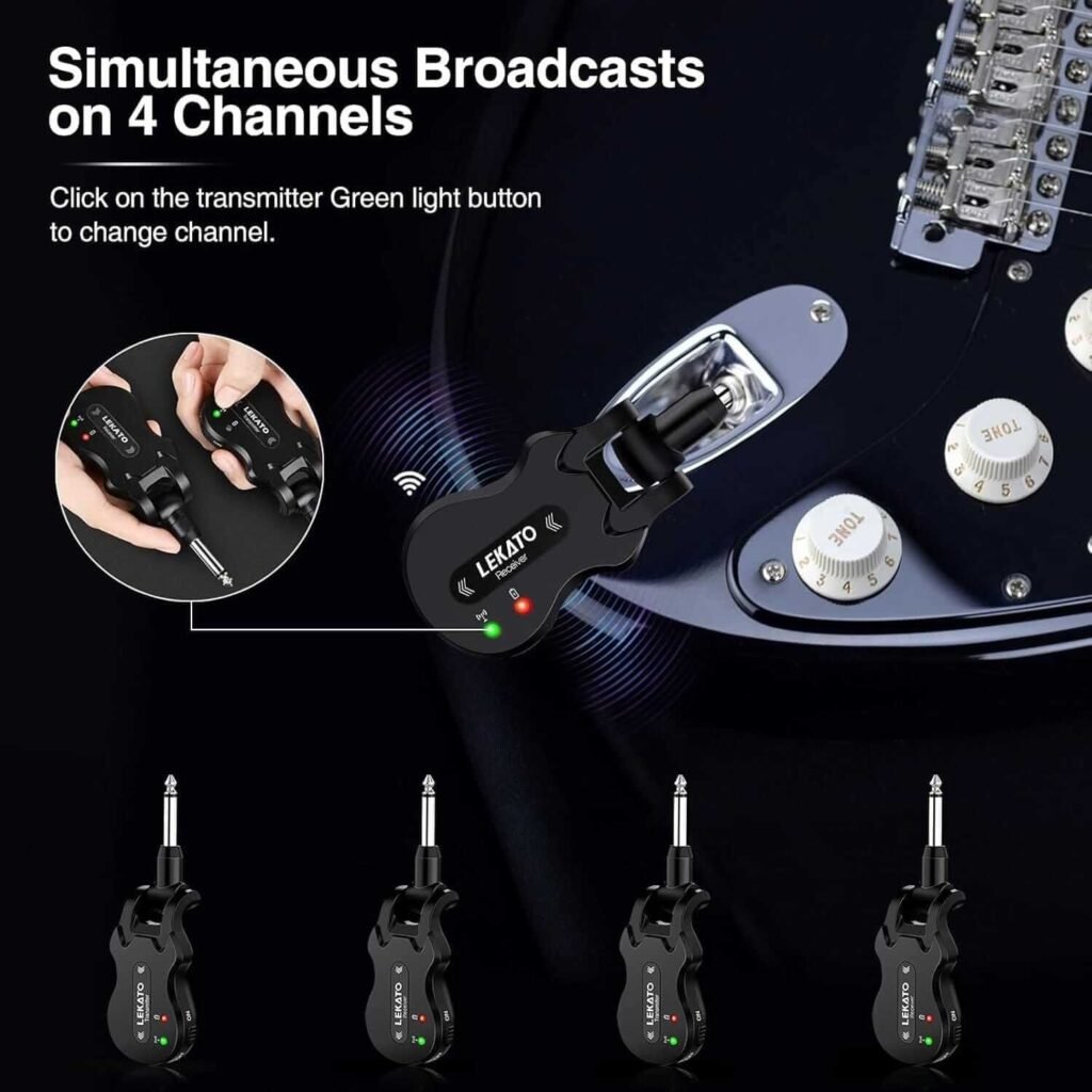 LEKATO Wireless Guitar System,5.8GHz Wireles Guitar Transmitter Receiver,Rechargeable Digital Guitar Cable Cordless with Strong Anti-Interference Ability for Electric Guitars,