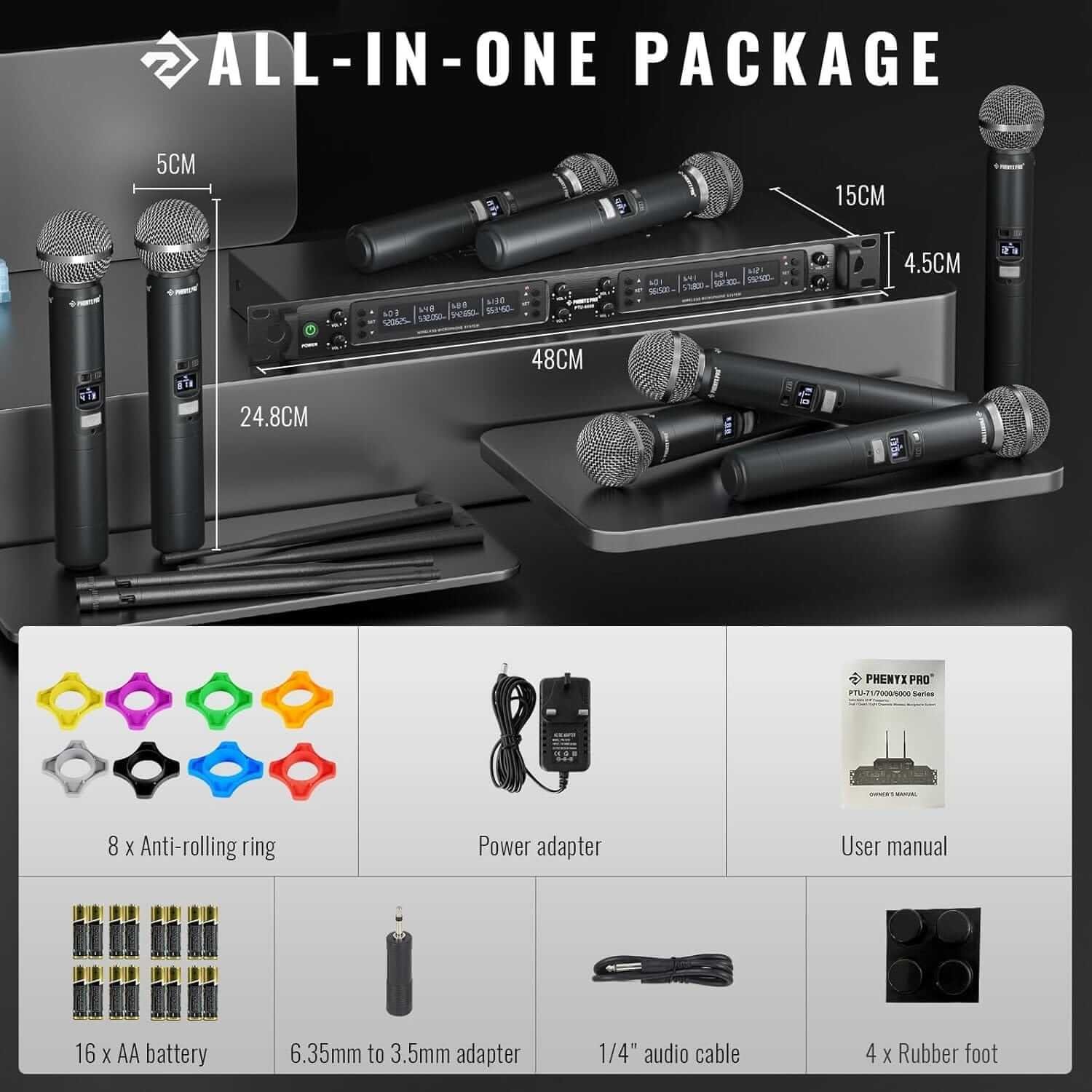 Phenyx Pro Wireless Microphone System, 8-Channel Wireless Mic, w/ 8 Handheld Dynamic Microphones, Auto Scan, 8x40 UHF Frequencies, 328 ft Range, Mics for Singing, Church, Karaoke (PTU-6000-8H)