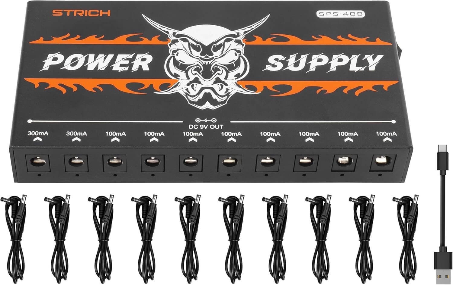 STRICH SPS-40B Rechargeable Guitar Pedal Power Supply with Built-in 10000mAh 10 Outputs DC 9V (2x300mA, 8x100mA) Jacks for Guitar Bass Effect Pedals, 5V/1A USB Port for Phone, Noiselessly