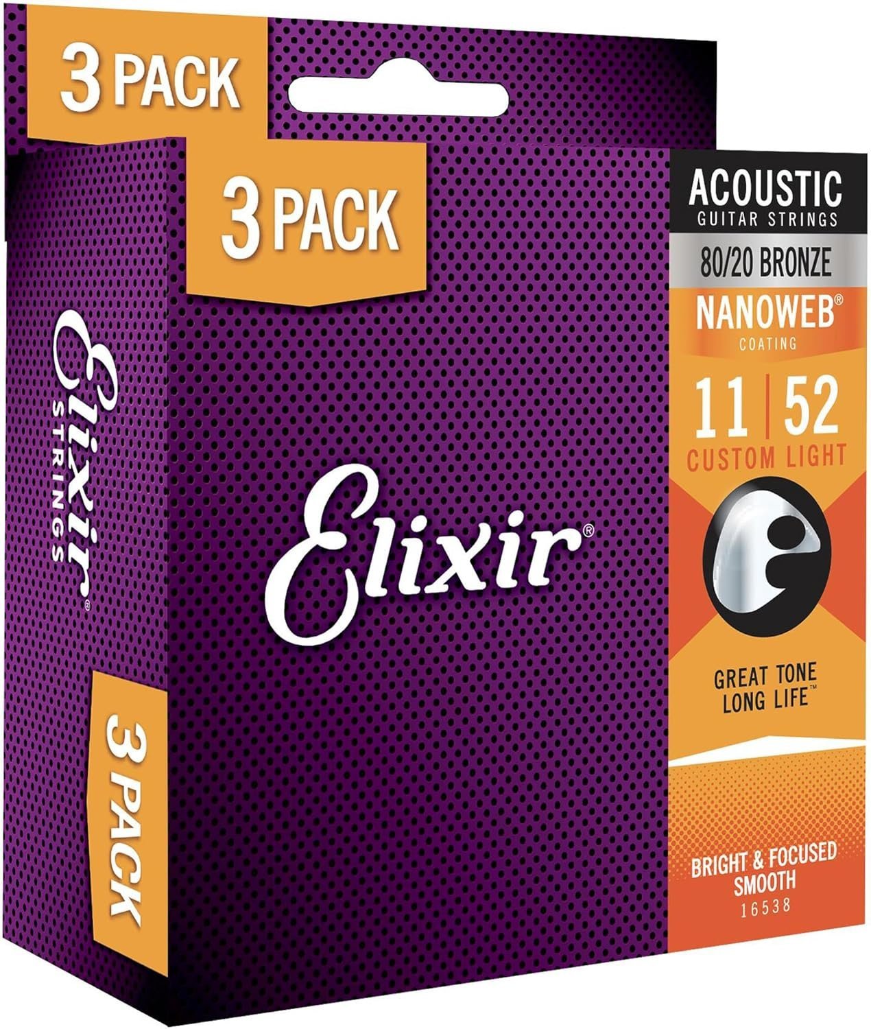 Elixir Strings, Acoustic Guitar Strings, 80/20 Bronze with NANOWEB Coating, Longest-Lasting Bright and Focused Tone with Comfortable Feel, 3 Pack, Custom Light 11-52