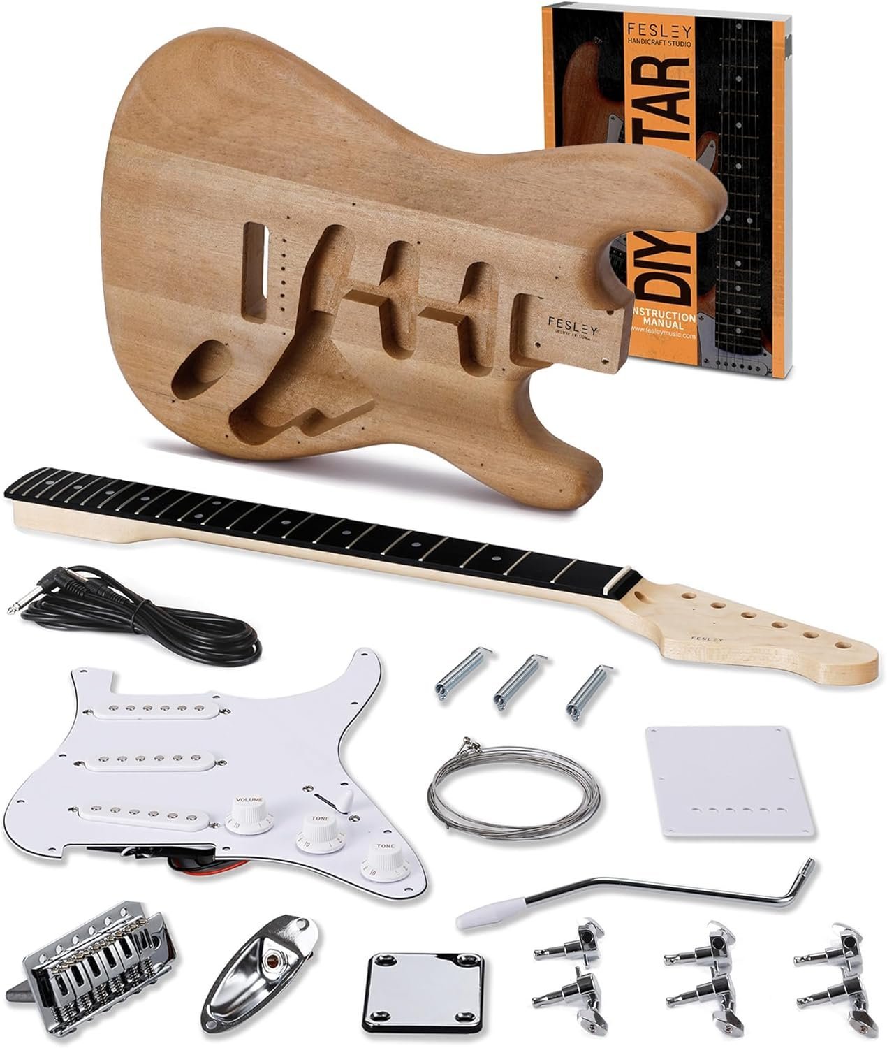 Fesley DIY Electric Guitar Kit with Mahogany Body/Maple Neck, 6 Strings Electric Guitars,DIY Guitar Kit with Techwood Fretboard,SSS Pickups,ST Style Beginner Guitars, Build Your Own Guitar Kit,Natural