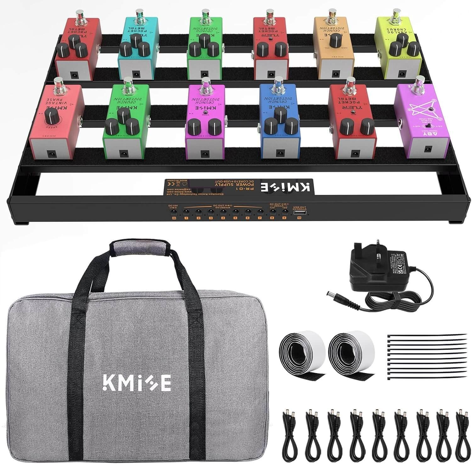 Kmise Medium 19.29''x 12.4'' x1.38''Guitar Pedal Board Ten Front Pluggable Power Ports with Effect Power Rack, Adapter, Power Plug, Cable, Bag