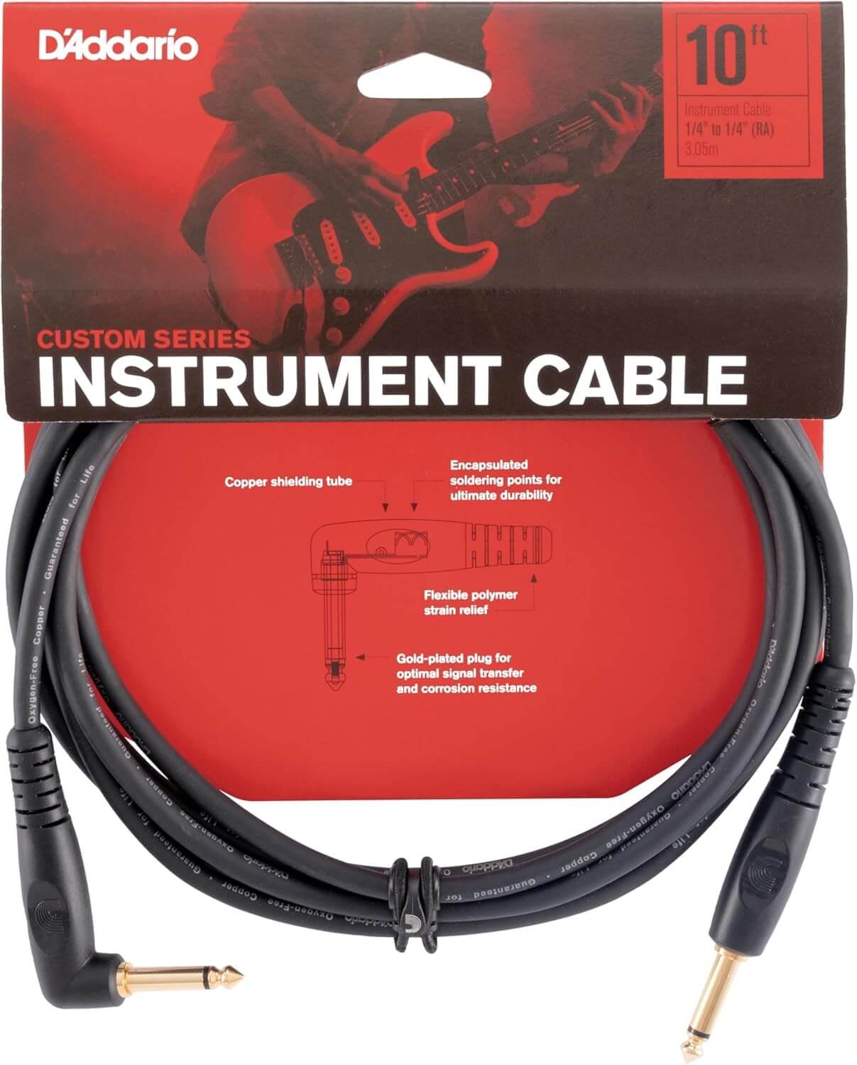 D’Addario Accessories Custom Series Guitar Cables - Instrument Cable with ¼ Inch Ends - High Performance Guitar Cord - For Guitars, Bass, Keyboards - Mono - Right Angle, 10 feet