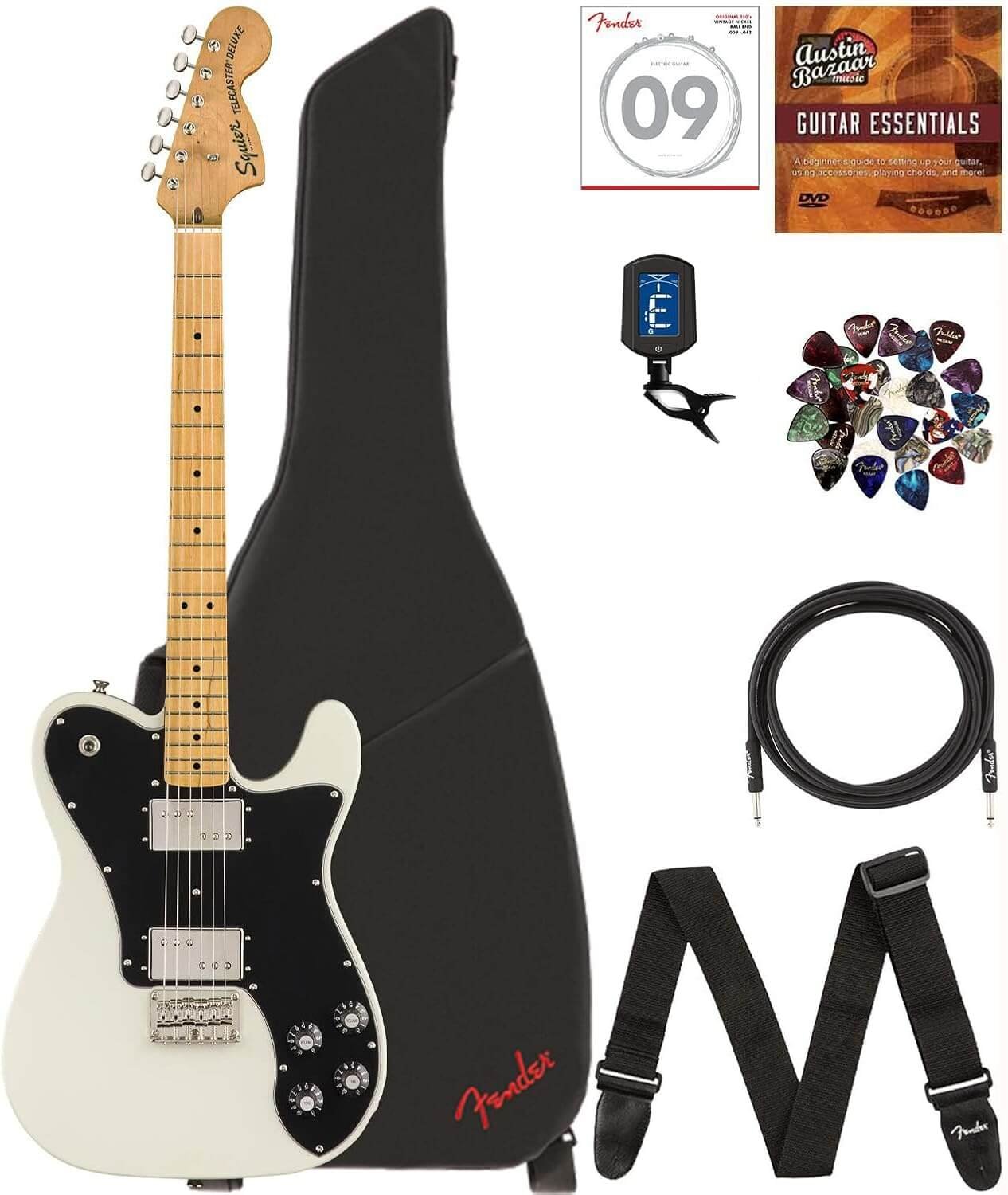 Fender Squier Classic Vibe '70s Telecaster Deluxe - Olympic White Bundle with Gig Bag, Instrument Cable, Tuner, Strap, Strings, Picks, and Austin Bazaar Instructional DVD