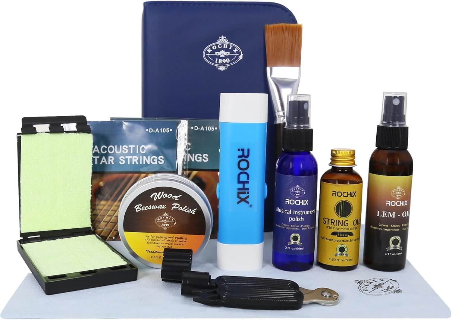 Guitar Cleaner Care Cleaning Kit,Maintenance Kit 11 Pack,Beeswax,Polish,Lemon Oil,String Oil,String Saver,String Guard Pen(Random Color),Winder,Guitar Strings,String Brush,Cleaning Cloth