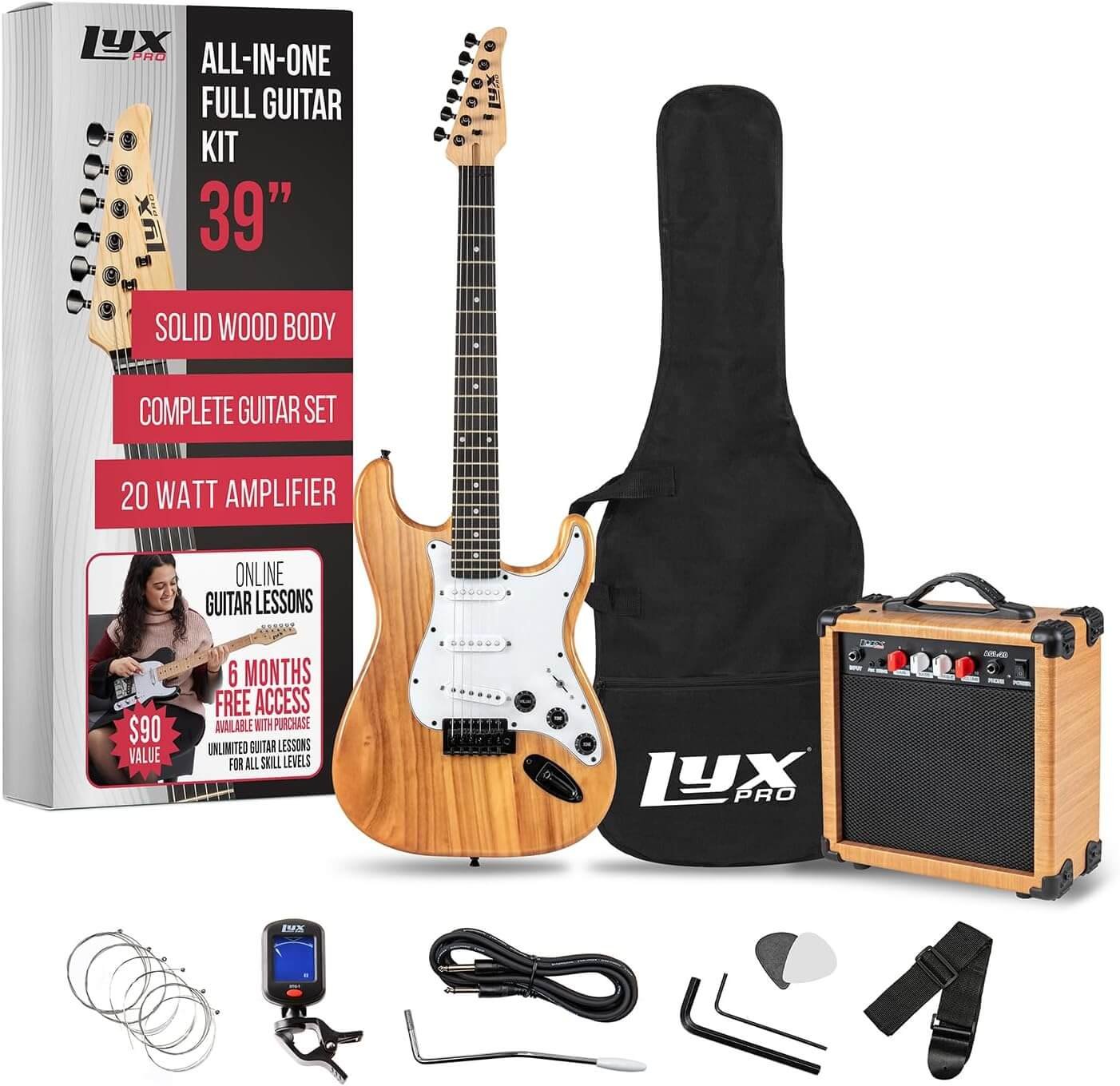 LyxPro Electric Guitar 39" inch Full Beginner Starter kit Full Size with 20w Amp, Package Includes All Accessories, Digital Tuner, Strings, Picks, Tremolo Bar, Shoulder Strap, and Case Bag - Natural