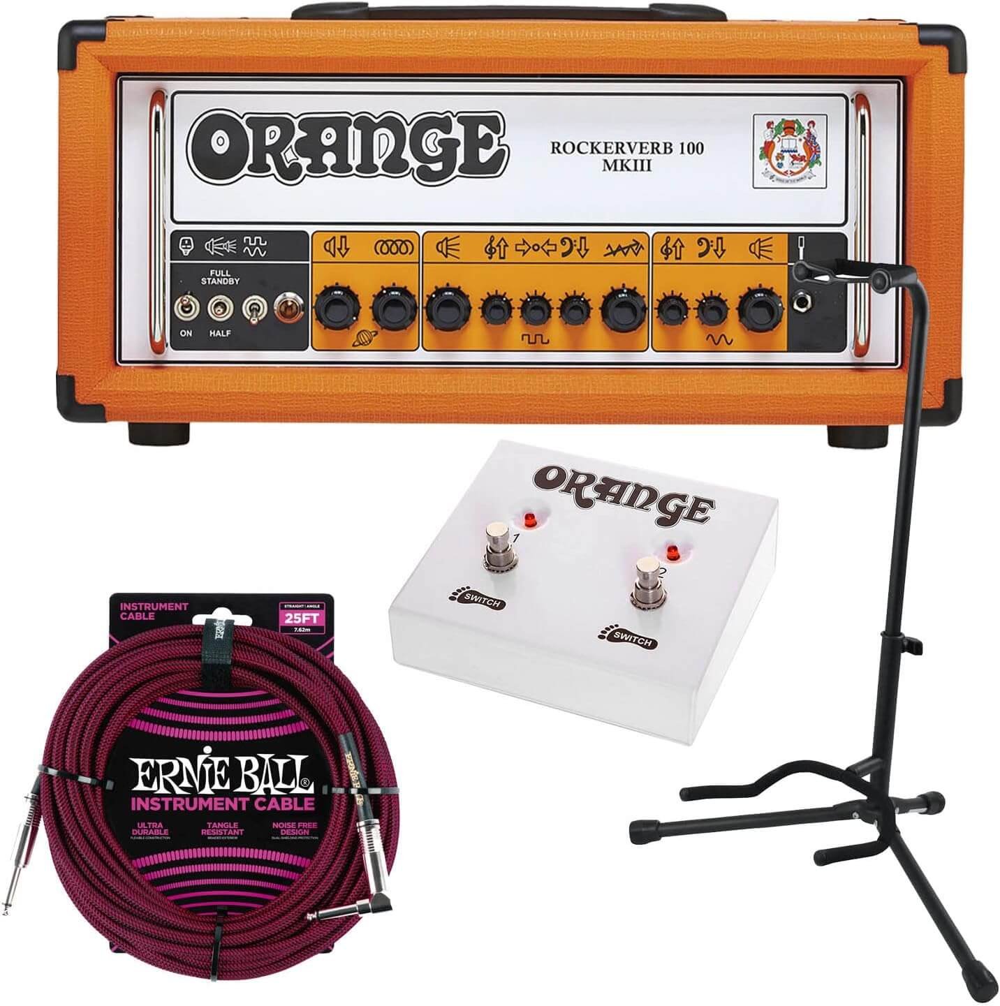 Orange Rockerverb 100 MKIII 2-Channel Tube Guitar Amplifier, Orange FS-2, (2) EBall PO6062, Gator Stand Bundle