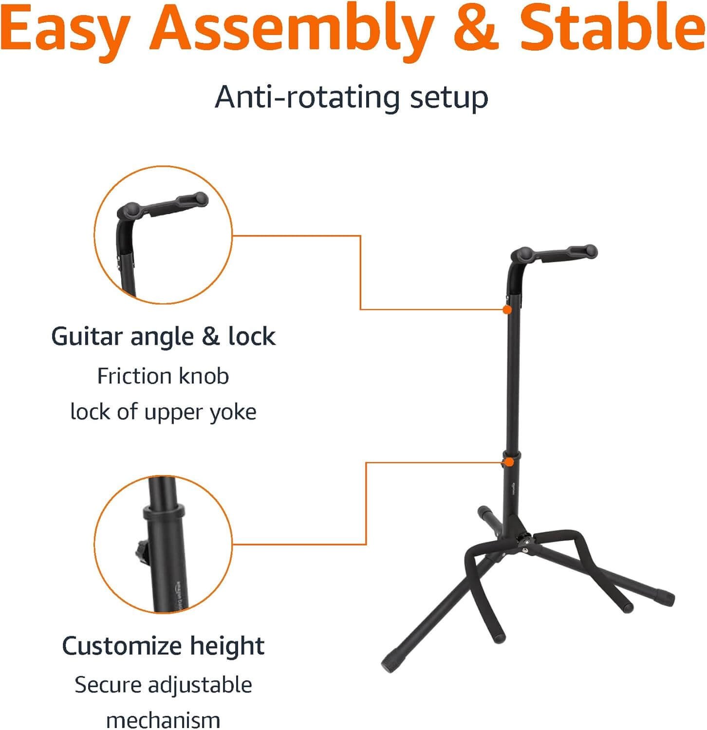 Amazon Basics Height Adjustable Foldable Guitar Stand with Secure Support for Acoustic, Electric, Bass and Banjos, Sturdy, Black