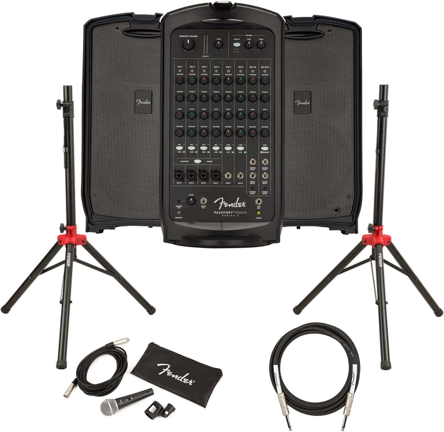 Fender Passport Venue S2 Portable PA System Bundle with Compact Speaker Stands, Microphone, Mic Stand Clip, XLR Cable, and Instrument Cable