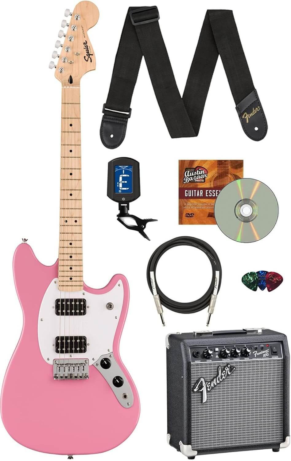 Fender Squier Sonic Mustang, Maple Fingerboard, HH Electric Guitar Bundle with Frontman 10G Amplifier, Guitar Cable, Fender Tuner, Strap, Picks, and Austin Bazaar Instructional DVD - Flash Pink