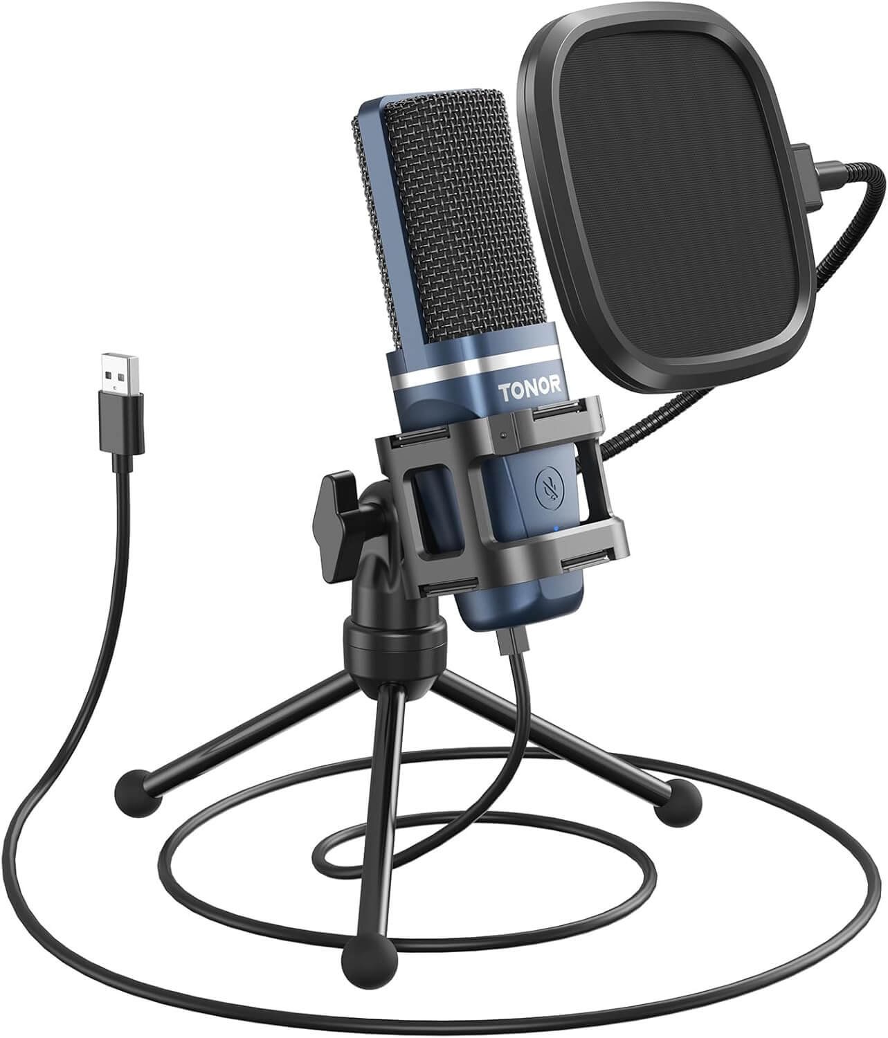 TONOR TC-777 Podcast Microphone, USB Computer Microphone, Cardioid Condenser PC Mic with Tripod Stand and Pop Filter for Podcasting, Streaming, Vocal Recording, Compatible with PC & Laptop, PS4/5