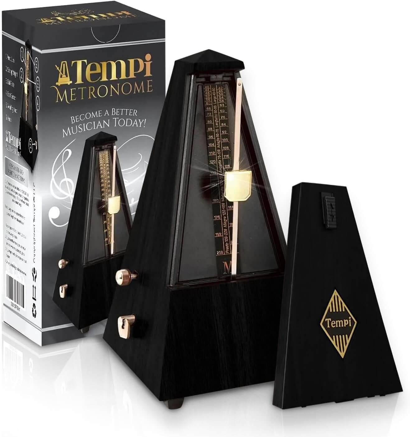 Tempi Mechanical Metronome for Musicians - 2-Year Warranty - Metronome for Piano/Guitar/Violin, Metronome Music for Adults and Kids (Molded Black Grain Veneer)