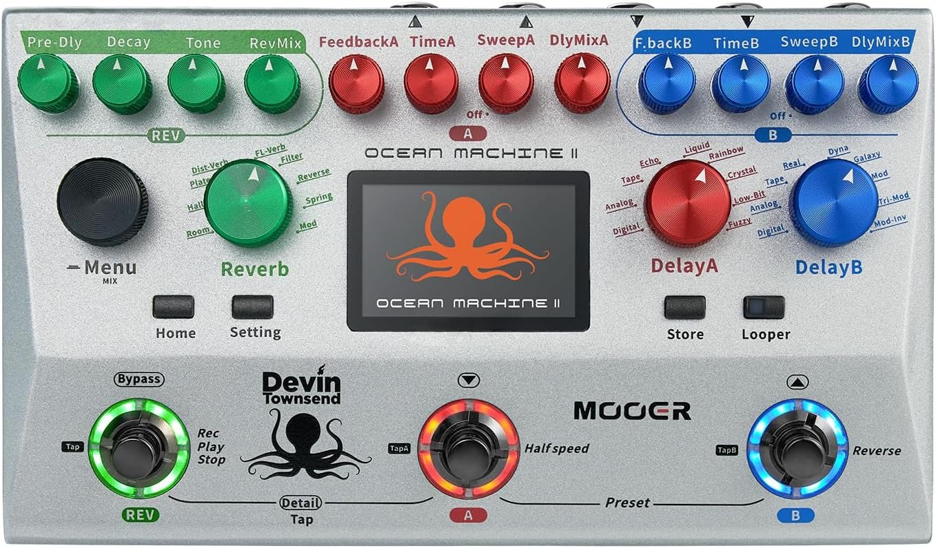 MOOER Ocean Machine II Premium Dual Delay, Reverb and Looper Pedal Professional Ambient Pedal for Multiple Instruments, Guitar, Bass, Keyboards