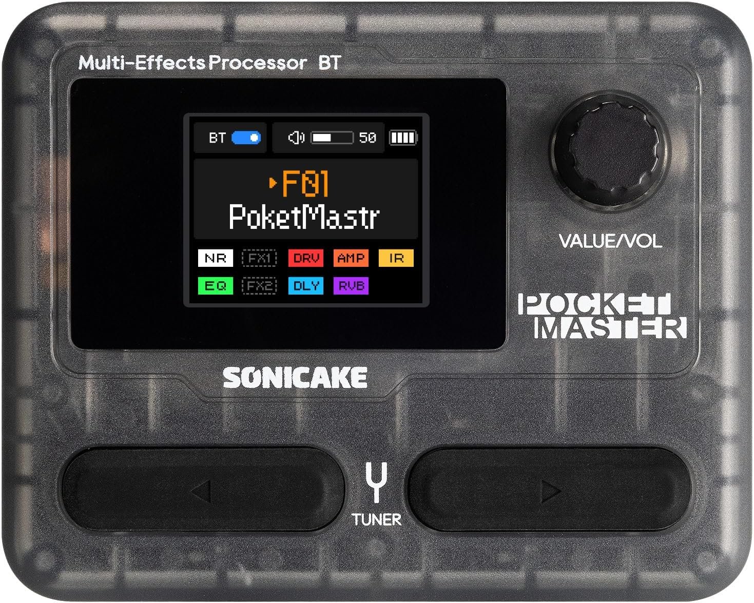 ONICAKE Pocket Master-Portable Multi Effects Pedal, 100+ Built-in Guitar/Bass/Acoustic Effects, Amp Modeling, IR Cabinets Simulation, Stereo OTG USB Audio Interface, Rechargeable (Transparent Black)