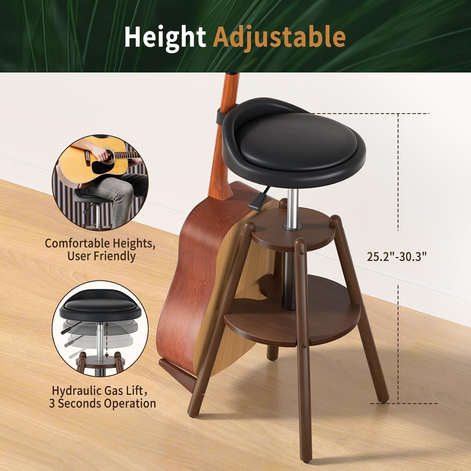 Ackitry Wooden Guitar Stool with Height Adjustable, Guitar Chair Seat with Guitar Strap, Padded Cushion, Footrest for Guitar Player Musician Adults, Guitar Stand Holds Acoustic Electric Guitars Bass